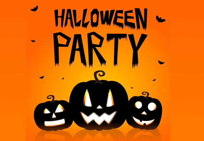 Orange Halloween party poster with three pumpkins