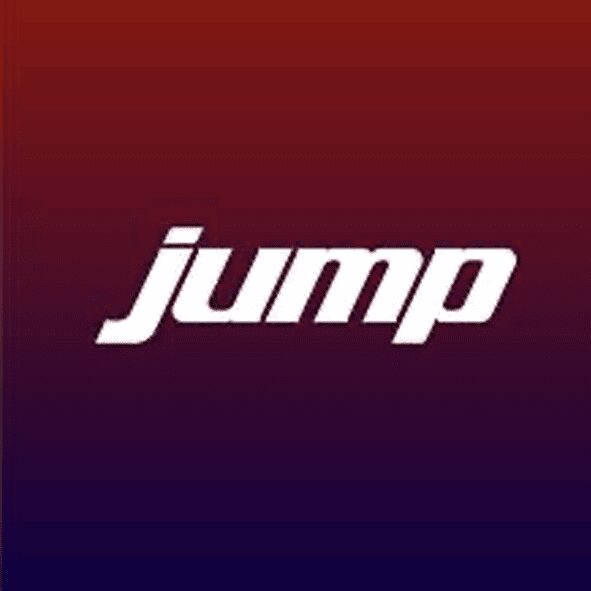 White jump wordmark on red-purple gradient