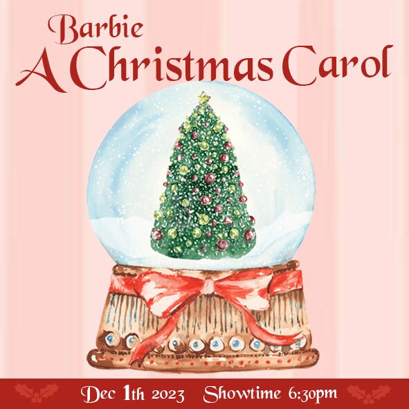 Pink poster with snow globe and Christmas tree